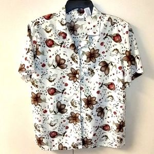 Pretty Vintage Anna Boho Floral Short Sleeve Button Up L Blouse Top Large